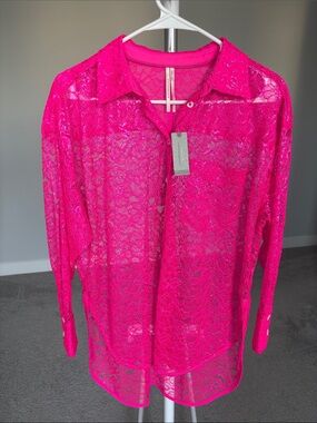 Anthropology Bright Pink Metallic Sheer Lace Button-Up Shirt